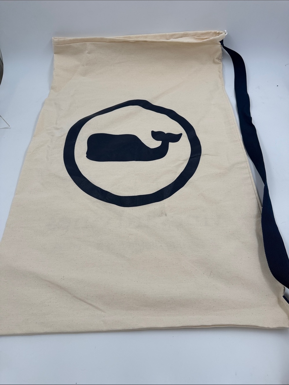 Vineyard Vines Natural Jumbo Canvas Tote with Navy Logo and Strap Measures 34x21